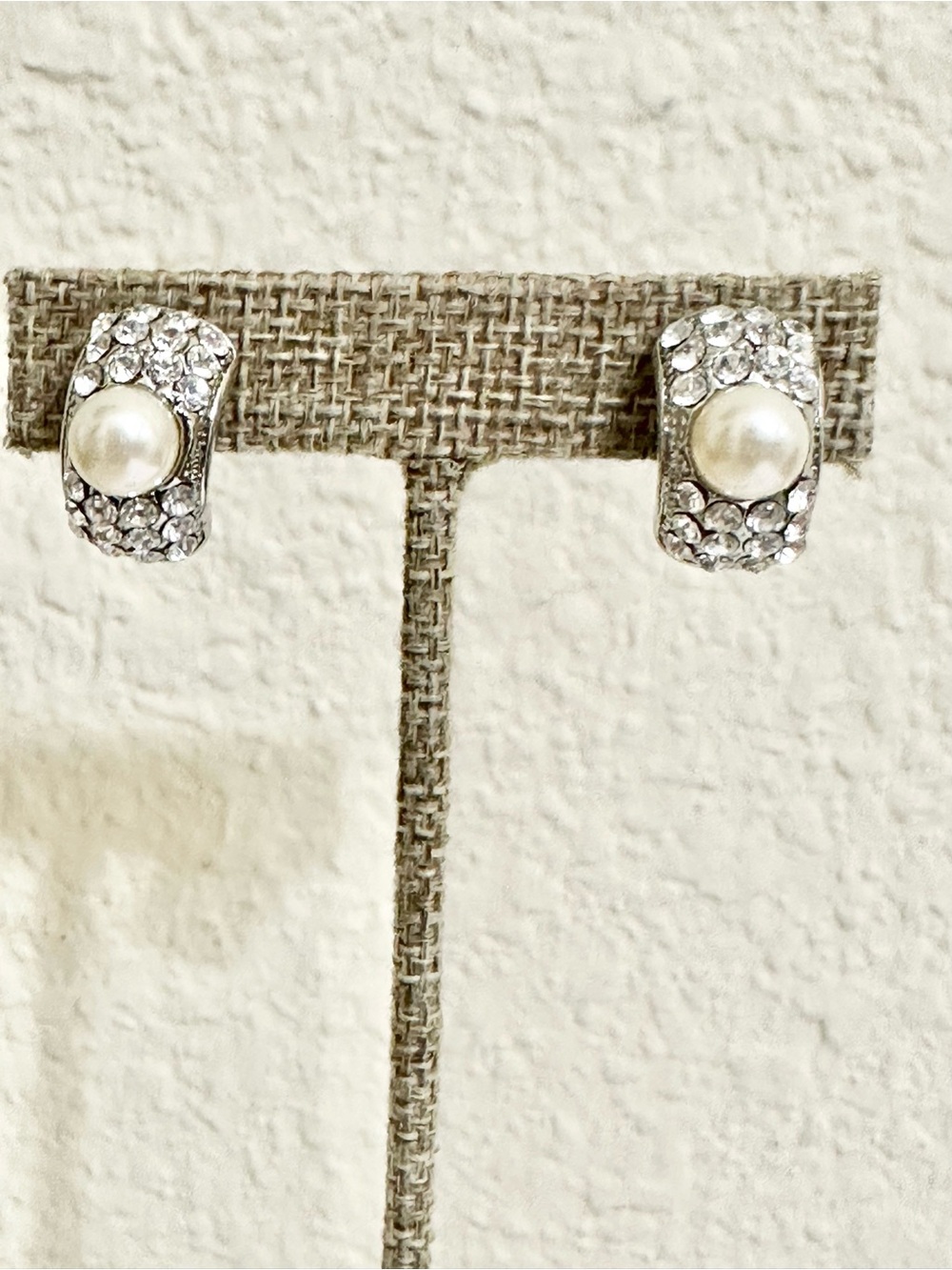 Vintage Pearl and Crystal Silver-Plated Hoop Earrings